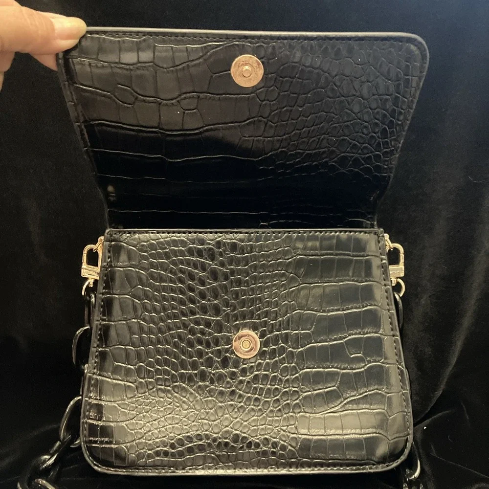 HOUSE OF WANT Newbie Satchel Bag Black Gold Hardware Croc Vegan Leather Purse
